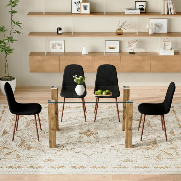 English Elm Table And Chair Set - Modern 49.6" Tempered Glass Dining Table With 4 Comfortable Black Linen Chairs W1151S03515-GIGA