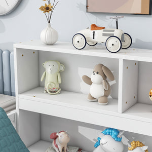 English Elm Full Floor bed with side bookcase and guardrails — space-saving storage shelves, sturdy pine construction, modern style (Full) White W504142775