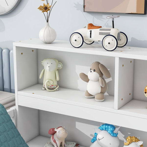 English Elm Full Floor bed with side bookcase and guardrails — space-saving storage shelves, sturdy pine construction, modern style (Full) White W504142775