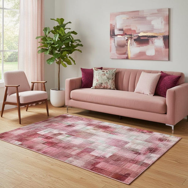 HomeRoots 8' Washable Blush Green & Ivory Abstract Round Rug with UV Protection for Modern Living Spaces 707902