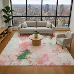 HomeRoots 9' X 12' Stylish Blush Green & Ivory Abstract Washable Area Rug with UV Protection & Durability 707904