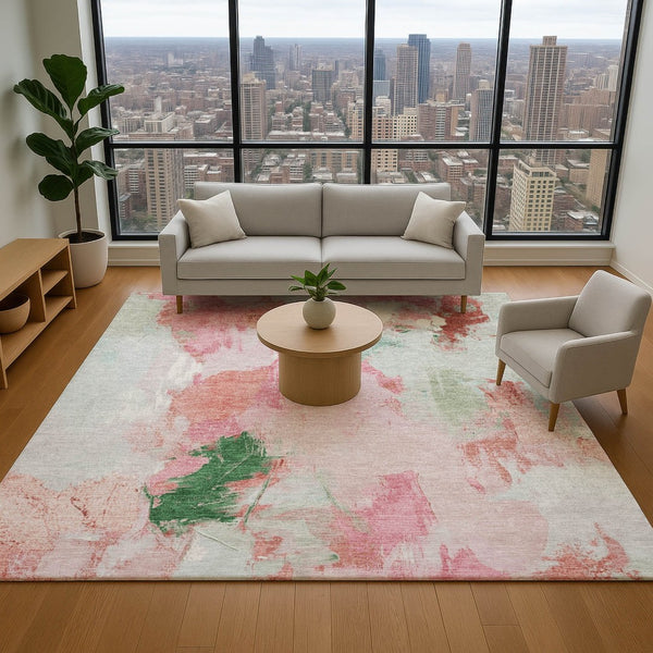 HomeRoots 9' X 12' Stylish Blush Green & Ivory Abstract Washable Area Rug with UV Protection & Durability 707904