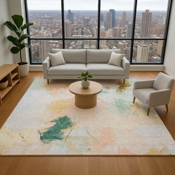 HomeRoots 5' X 8' Vibrant Peach Orange & Teal Abstract Washable Area Rug with UV Protection for Any Space 707907