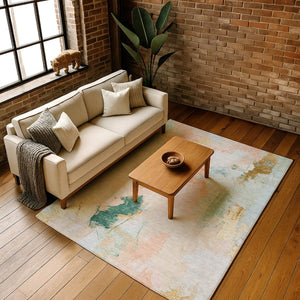 HomeRoots 5' X 8' Vibrant Peach Orange & Teal Abstract Washable Area Rug with UV Protection for Any Space 707907