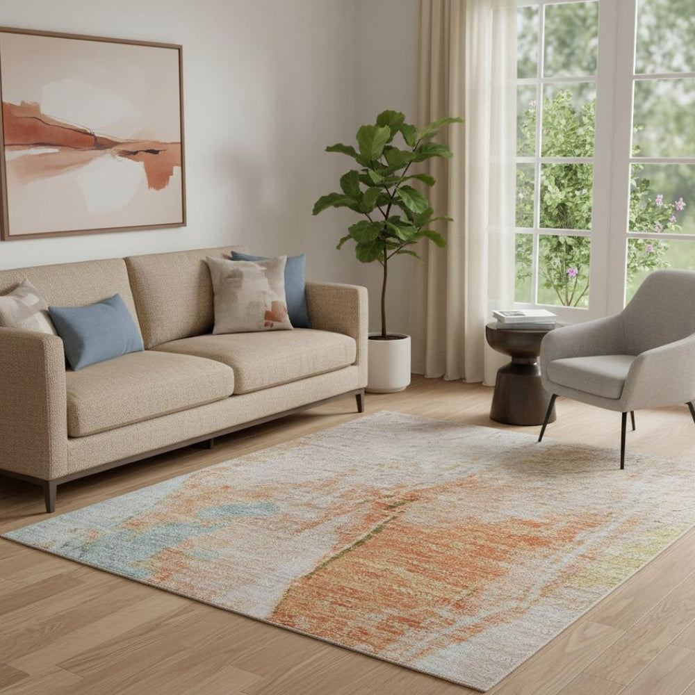HomeRoots 8' Washable Peach, Orange & Teal Abstract Round Rug - UV Protected, Durable & Stain-Resistant Design 707908
