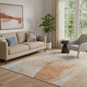 HomeRoots 8' Washable Peach, Orange & Teal Abstract Round Rug - UV Protected, Durable & Stain-Resistant Design 707908