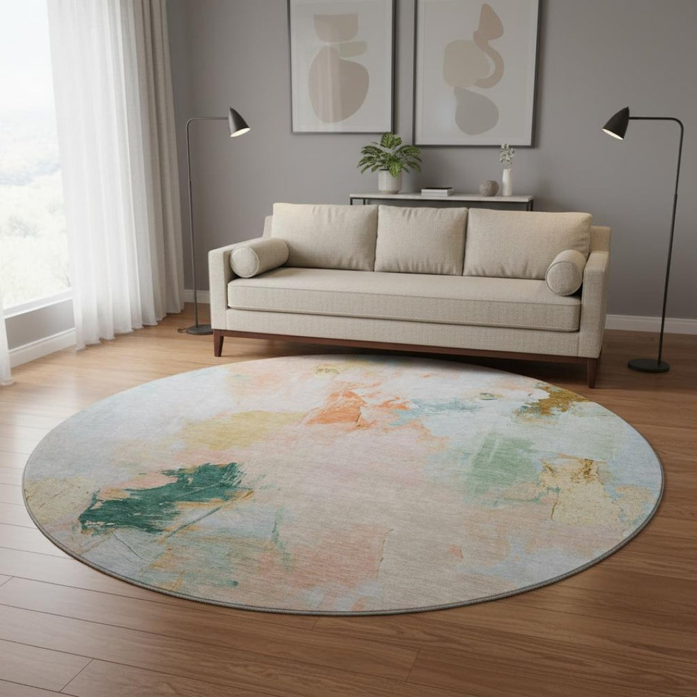 HomeRoots 8' X 10' Washable Area Rug in Peach, Orange & Teal - Durable, UV-Protected, Modern Abstract Design 707909