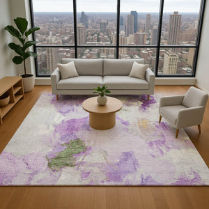 HomeRoots 8' Abstract Purple, Green & Ivory Washable Round Rug with UV Protection - Stylish & Durable Accent Piece 707914