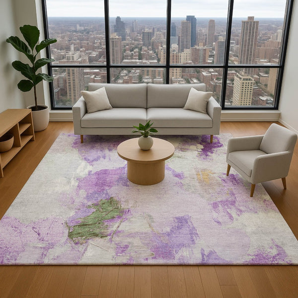 HomeRoots 8' Abstract Purple, Green & Ivory Washable Round Rug with UV Protection - Stylish & Durable Accent Piece 707914