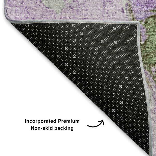 HomeRoots 8' Abstract Purple, Green & Ivory Washable Round Rug with UV Protection - Stylish & Durable Accent Piece 707914