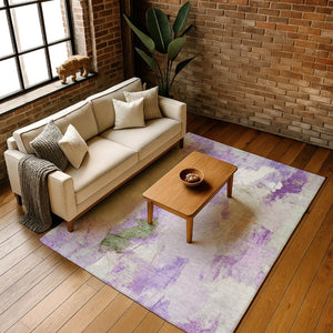 HomeRoots 8' Abstract Purple, Green & Ivory Washable Round Rug with UV Protection - Stylish & Durable Accent Piece 707914
