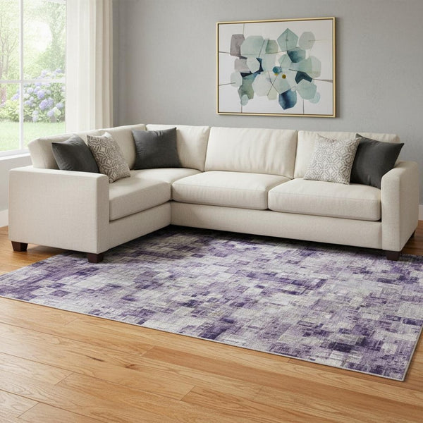 HomeRoots 9' X 12' Abstract Washable Area Rug in Purple, Green & Ivory - UV Protected, Stain Resistant, Durable Design 707916