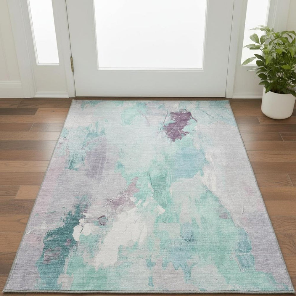 HomeRoots 5' X 8' Abstract Teal Lavender Ivory Area Rug – Washable, UV Protected, Durable for High-Traffic Spaces 707919
