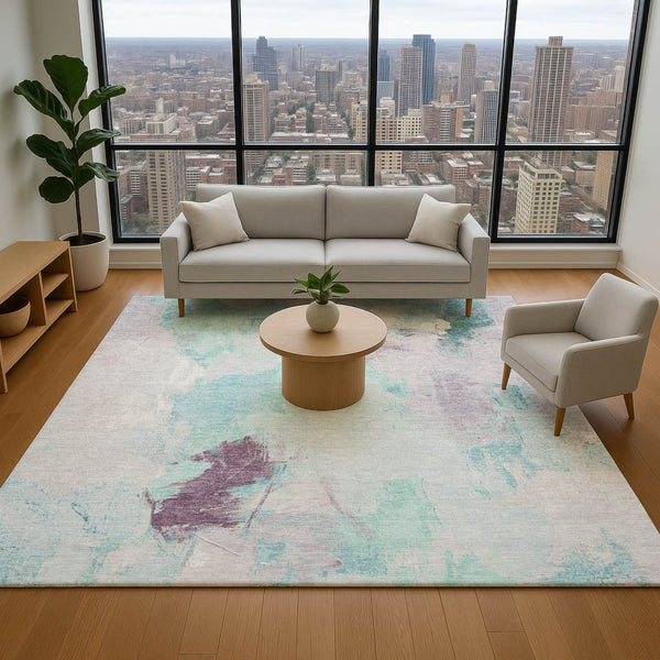 HomeRoots 5' X 8' Abstract Teal Lavender Ivory Area Rug – Washable, UV Protected, Durable for High-Traffic Spaces 707919