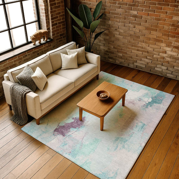HomeRoots 5' X 8' Abstract Teal Lavender Ivory Area Rug – Washable, UV Protected, Durable for High-Traffic Spaces 707919