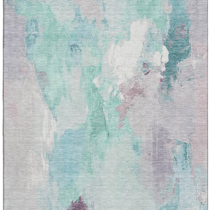 HomeRoots 5' X 8' Abstract Teal Lavender Ivory Area Rug – Washable, UV Protected, Durable for High-Traffic Spaces 707919
