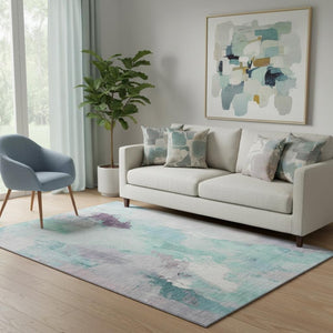 HomeRoots 8' Teal Lavender & Ivory Washable Round Rug with UV Protection - Modern Durable Centerpiece for Any Room 707920