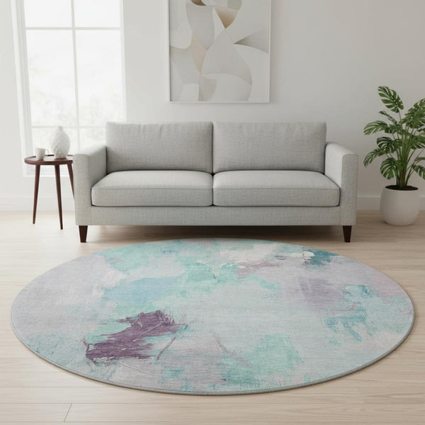 HomeRoots 8' X 10' Stylish Teal Lavender Ivory Abstract Washable Area Rug – Durable, UV-Protected & Easy Care 707921