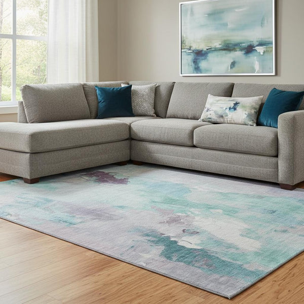 HomeRoots 9' X 12' Teal Lavender Ivory Abstract Area Rug - Stylish, Stain-Resistant for High-Traffic Homes 707922