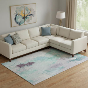 HomeRoots 10' X 14' Teal Lavender Ivory Abstract Washable Area Rug – Durable, Stylish, UV-Protected Elegance 707923
