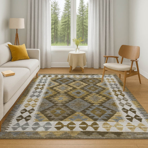 HomeRoots 8' Durable Brown and Ivory Tribal Round Rug with UV Protection – Ideal for High-Traffic Spaces 707926