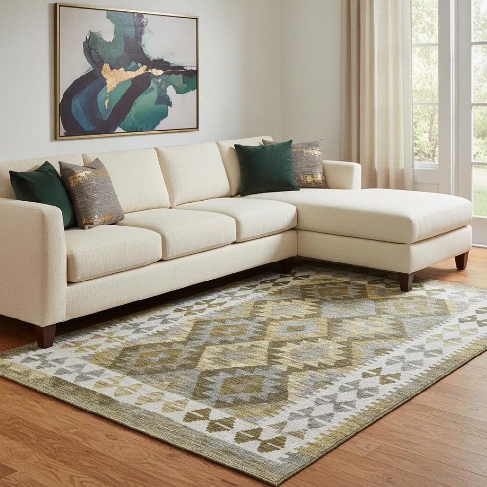 HomeRoots 9' X 12' Brown and Ivory Tribal Washable Area Rug with UV Protection for Stylish Family Living Spaces 707928