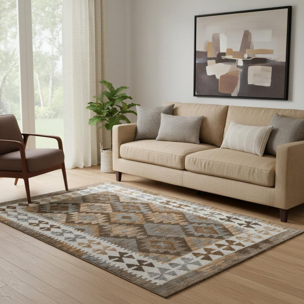 HomeRoots 8' Stylish Copper and Ivory Tribal Washable Round Rug - Durable, Stain Resistant, UV Protected Design 707932