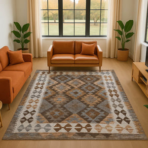 HomeRoots 9' X 12' Copper and Ivory Tribal Washable Area Rug - Stain Resistant, UV Protected, Durable Design 707934