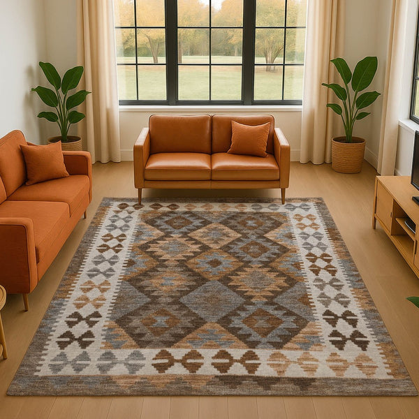 HomeRoots 9' X 12' Copper and Ivory Tribal Washable Area Rug - Stain Resistant, UV Protected, Durable Design 707934