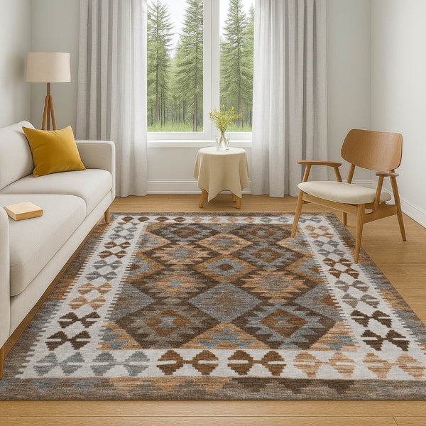 HomeRoots 9' X 12' Copper and Ivory Tribal Washable Area Rug - Stain Resistant, UV Protected, Durable Design 707934