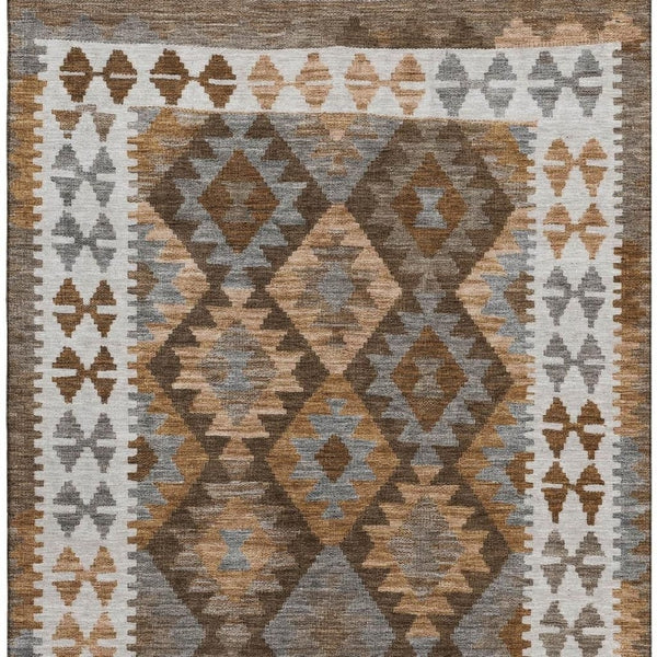 HomeRoots 9' X 12' Copper and Ivory Tribal Washable Area Rug - Stain Resistant, UV Protected, Durable Design 707934