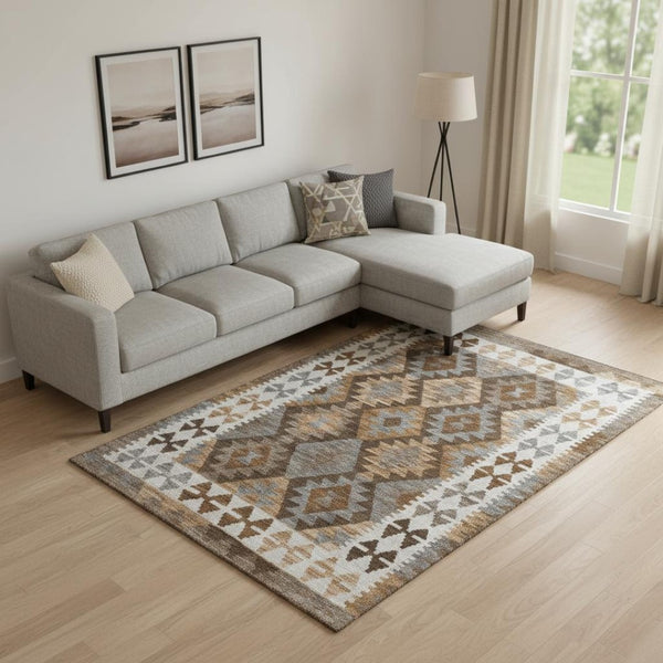 HomeRoots 10' X 14' Copper and Ivory Tribal Area Rug – Stylish, Stain-Resistant, UV-Protected for Modern Homes 707935