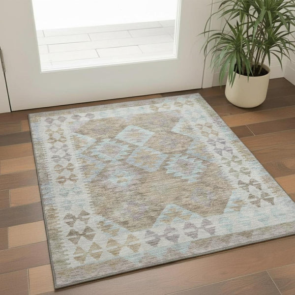 HomeRoots 5' X 8' Khaki Tribal Area Rug - Washable, UV Protected, Durable Design for High-Traffic Spaces 707937