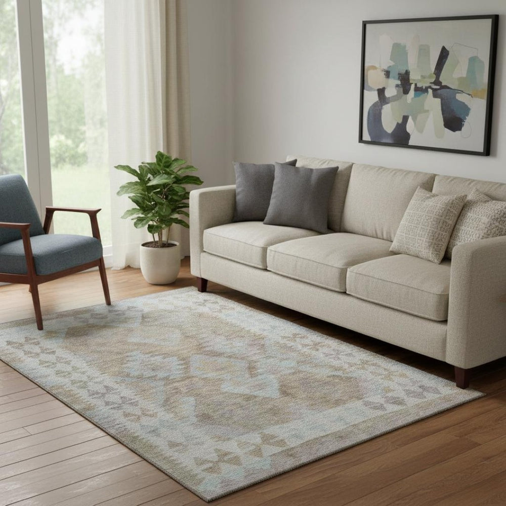 HomeRoots 8' Khaki and Ivory Tribal Round Rug - Washable, UV Protected, Stylish for High-Traffic Areas! 707938