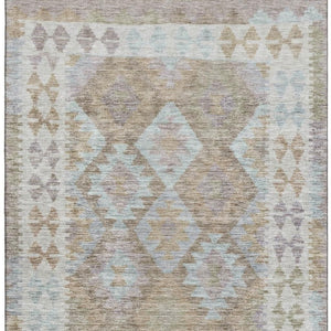 HomeRoots 8' Khaki and Ivory Tribal Round Rug - Washable, UV Protected, Stylish for High-Traffic Areas! 707938