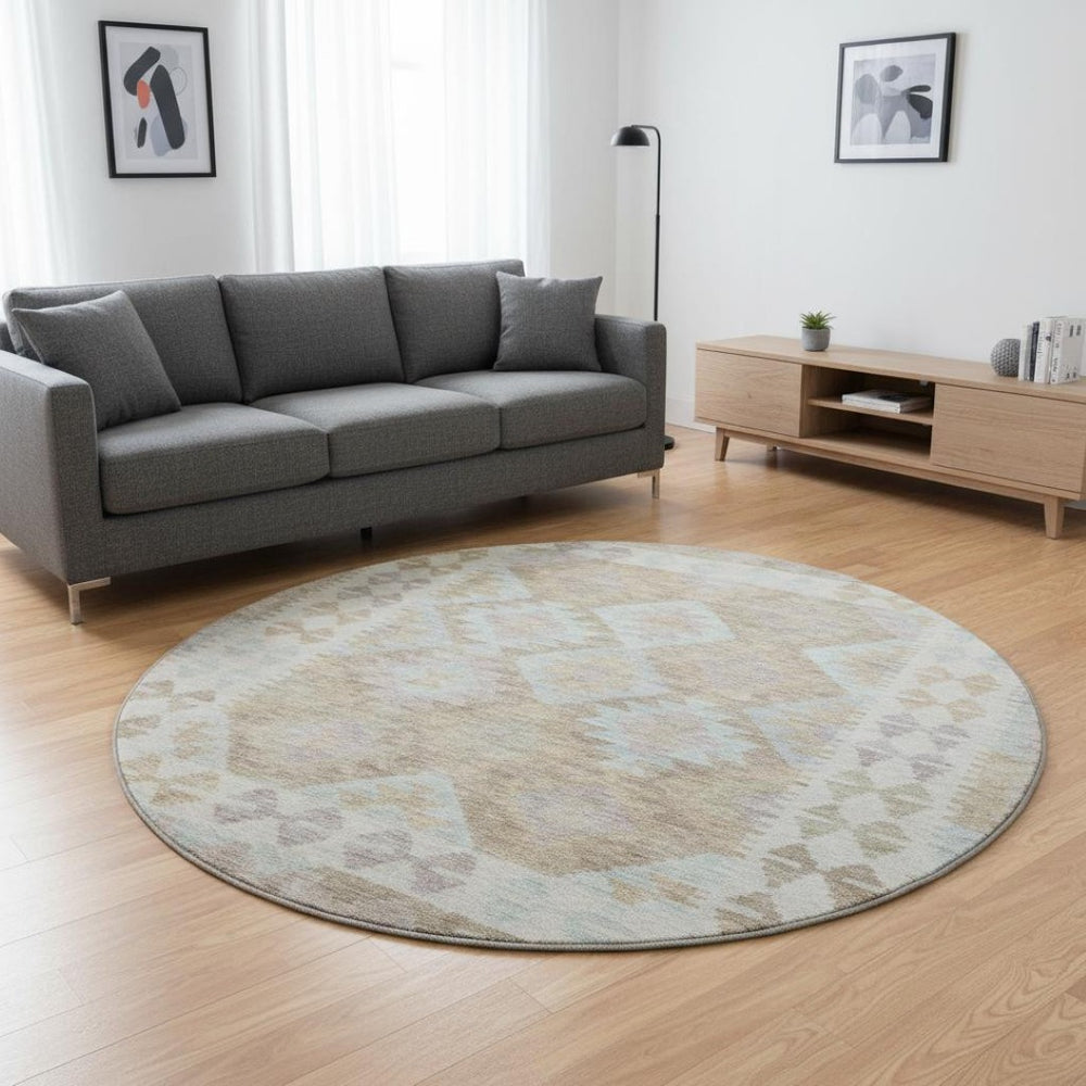 HomeRoots 8' X 10' Washable Khaki & Ivory Tribal Area Rug – Durable, Stain-Resistant & UV Protected for Busy Homes 707939