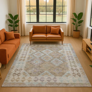 HomeRoots 10' X 14' Khaki Tribal Area Rug - Washable, Stain-Resistant, UV Protected for Stylish Living Spaces 707941