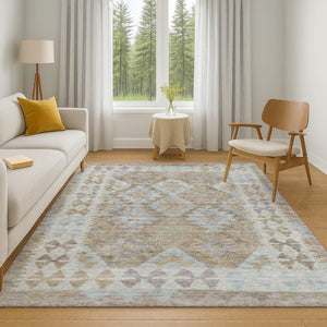 HomeRoots 10' X 14' Khaki Tribal Area Rug - Washable, Stain-Resistant, UV Protected for Stylish Living Spaces 707941