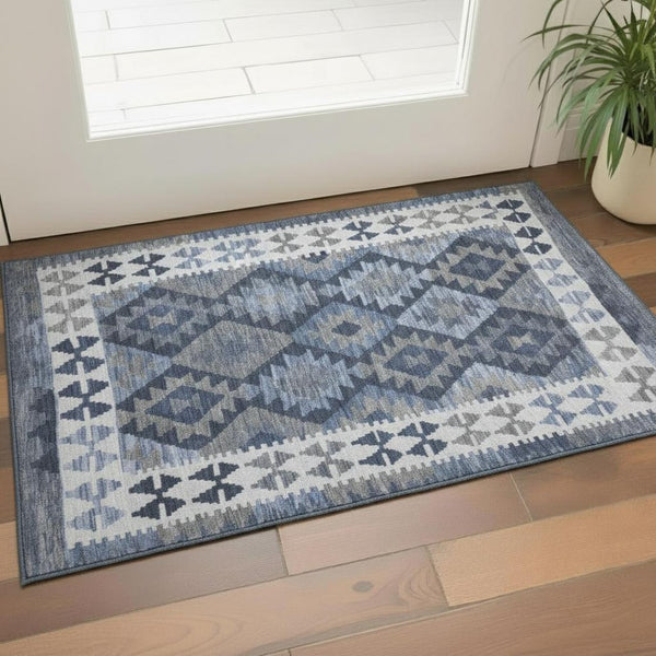 HomeRoots 5' X 8' Navy Blue Tribal Area Rug – Soft, Stain Resistant, UV Protected for Stylish Everyday Living 707943