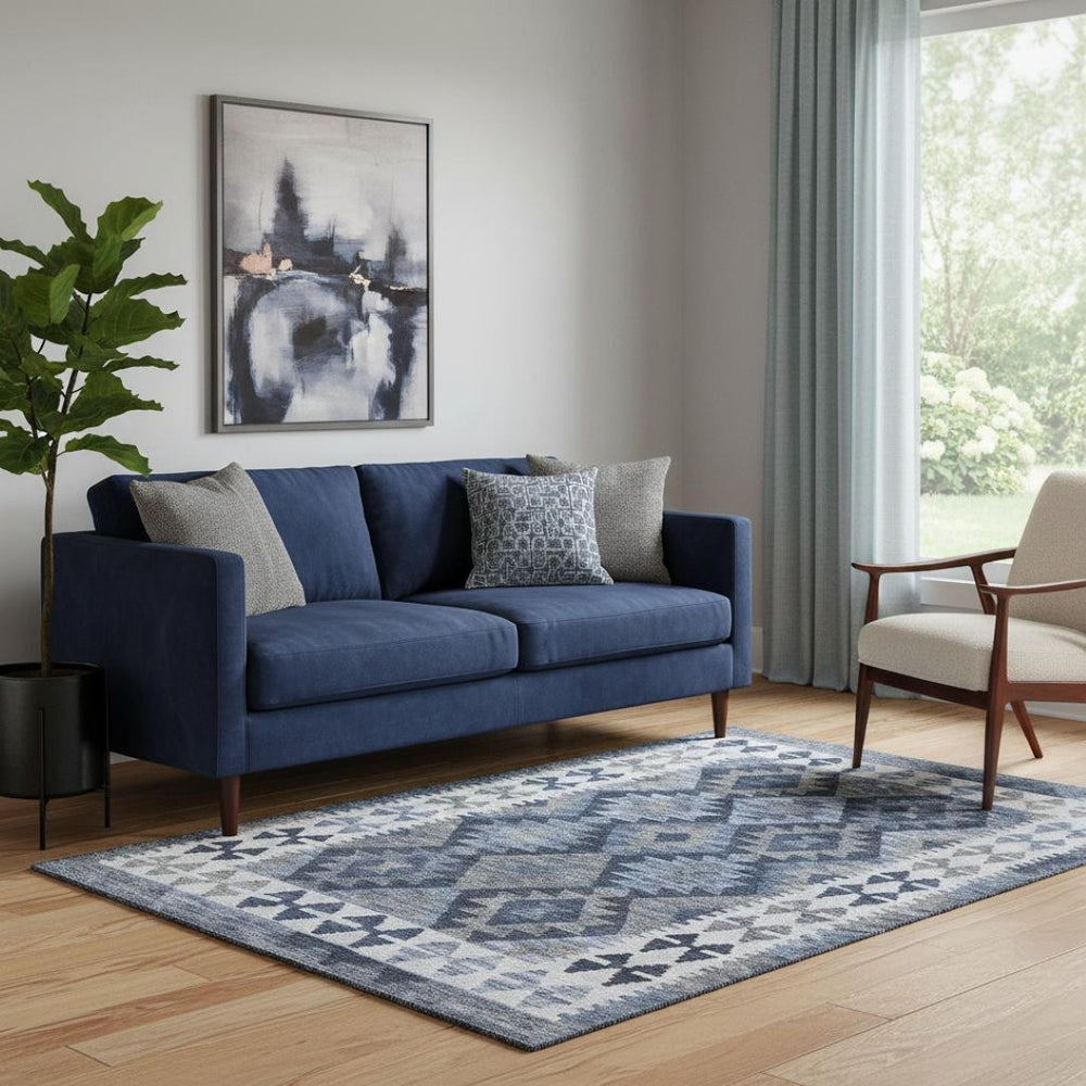 HomeRoots 8' Navy Blue and Ivory Tribal Round Rug – Washable, UV Protected, Stain Resistant for High Traffic Areas 707944