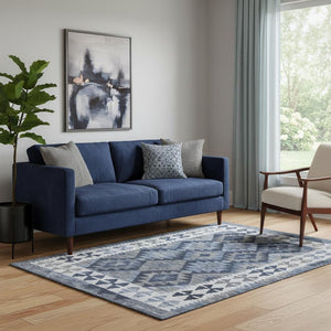 HomeRoots 8' Navy Blue and Ivory Tribal Round Rug – Washable, UV Protected, Stain Resistant for High Traffic Areas 707944
