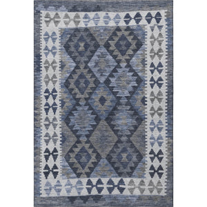 HomeRoots 8' Navy Blue and Ivory Tribal Round Rug – Washable, UV Protected, Stain Resistant for High Traffic Areas 707944