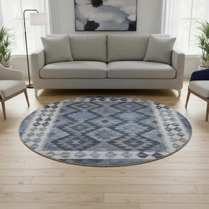 HomeRoots 8' X 10' Navy Blue & Ivory Tribal Washable Area Rug - UV Protected, Non-Slip, Easy Clean Design 707945