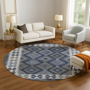HomeRoots 8' X 10' Navy Blue & Ivory Tribal Washable Area Rug - UV Protected, Non-Slip, Easy Clean Design 707945