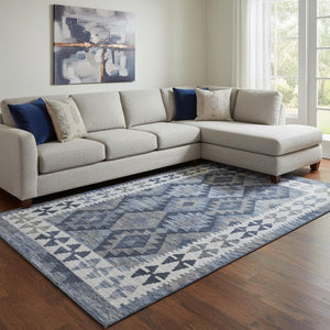 HomeRoots 9' x 12' Navy Blue and Ivory Tribal Area Rug - Washable, UV Protected, Durable for High-Traffic Spaces 707946