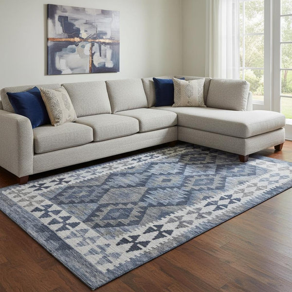 HomeRoots 9' x 12' Navy Blue and Ivory Tribal Area Rug - Washable, UV Protected, Durable for High-Traffic Spaces 707946