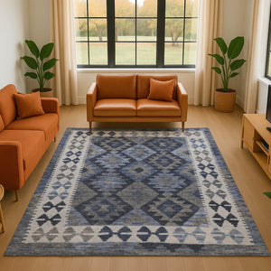 HomeRoots 9' x 12' Navy Blue and Ivory Tribal Area Rug - Washable, UV Protected, Durable for High-Traffic Spaces 707946