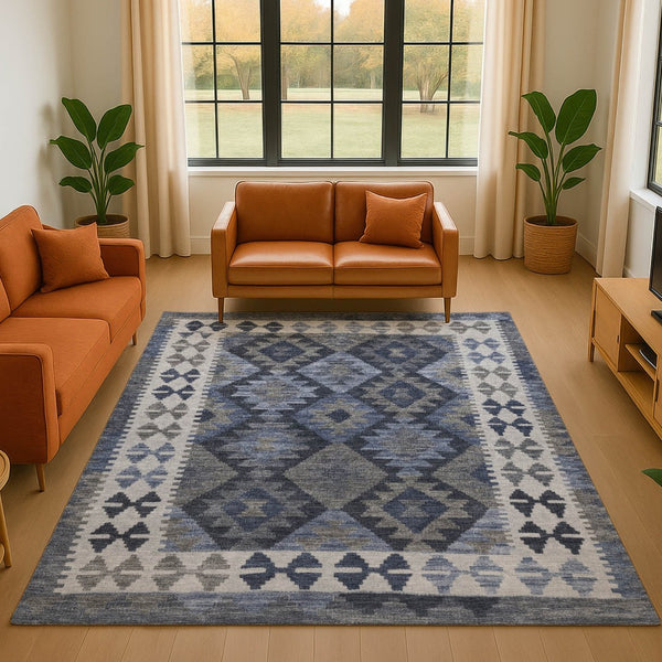 HomeRoots 9' x 12' Navy Blue and Ivory Tribal Area Rug - Washable, UV Protected, Durable for High-Traffic Spaces 707946