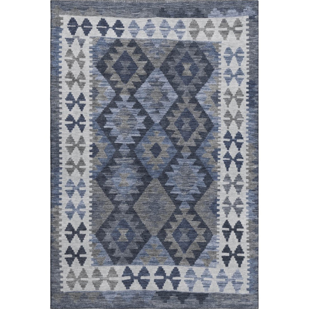 HomeRoots 9' x 12' Navy Blue and Ivory Tribal Area Rug - Washable, UV Protected, Durable for High-Traffic Spaces 707946