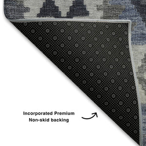 HomeRoots 9' x 12' Navy Blue and Ivory Tribal Area Rug - Washable, UV Protected, Durable for High-Traffic Spaces 707946